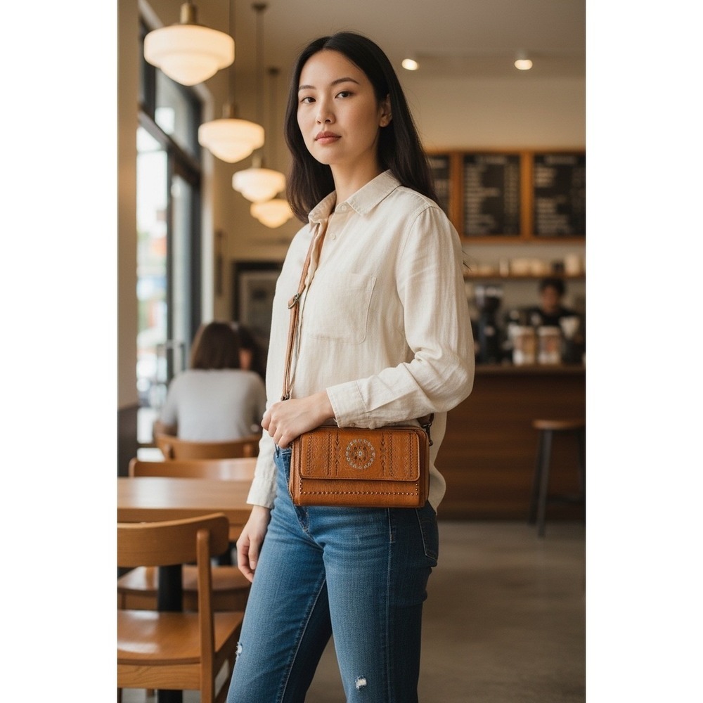Sam & Hadley Southwestern Crossbody Cognac Boho Embroidered Studded bag wallet